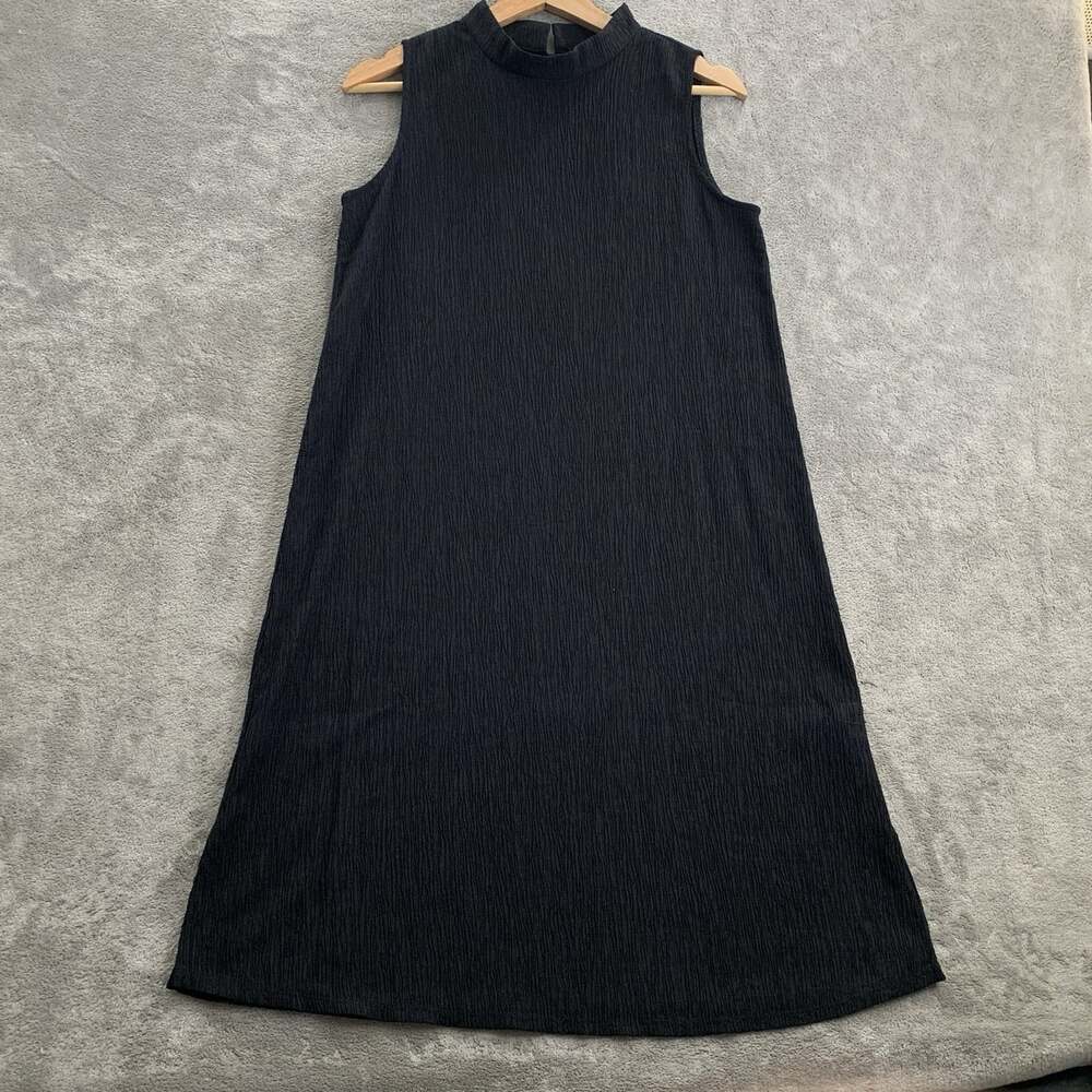 Eileen Fisher Plisse Round Neck Dress Womens XXS Black Sleeveless Below Knee